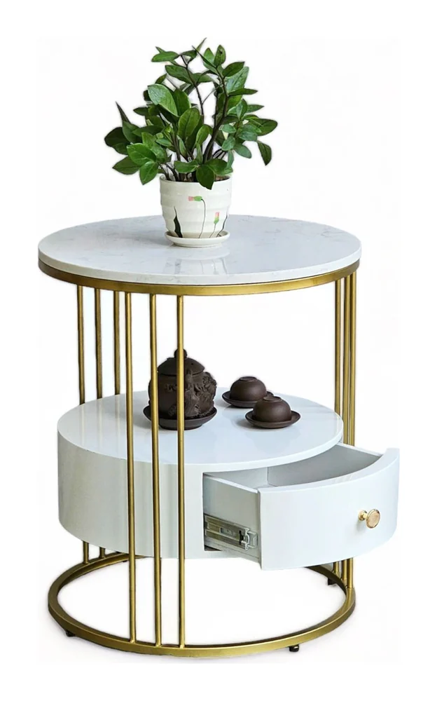 Tekkashop Bàn Bên Sofa Tròn 2 Tầng Có Hộc Tủ Khung Vàng Đồng Mặt Đá