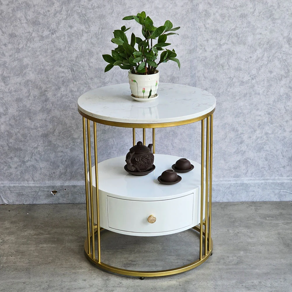 Tekkashop Bàn Bên Sofa Tròn 2 Tầng Có Hộc Tủ Khung Vàng Đồng Mặt Đá