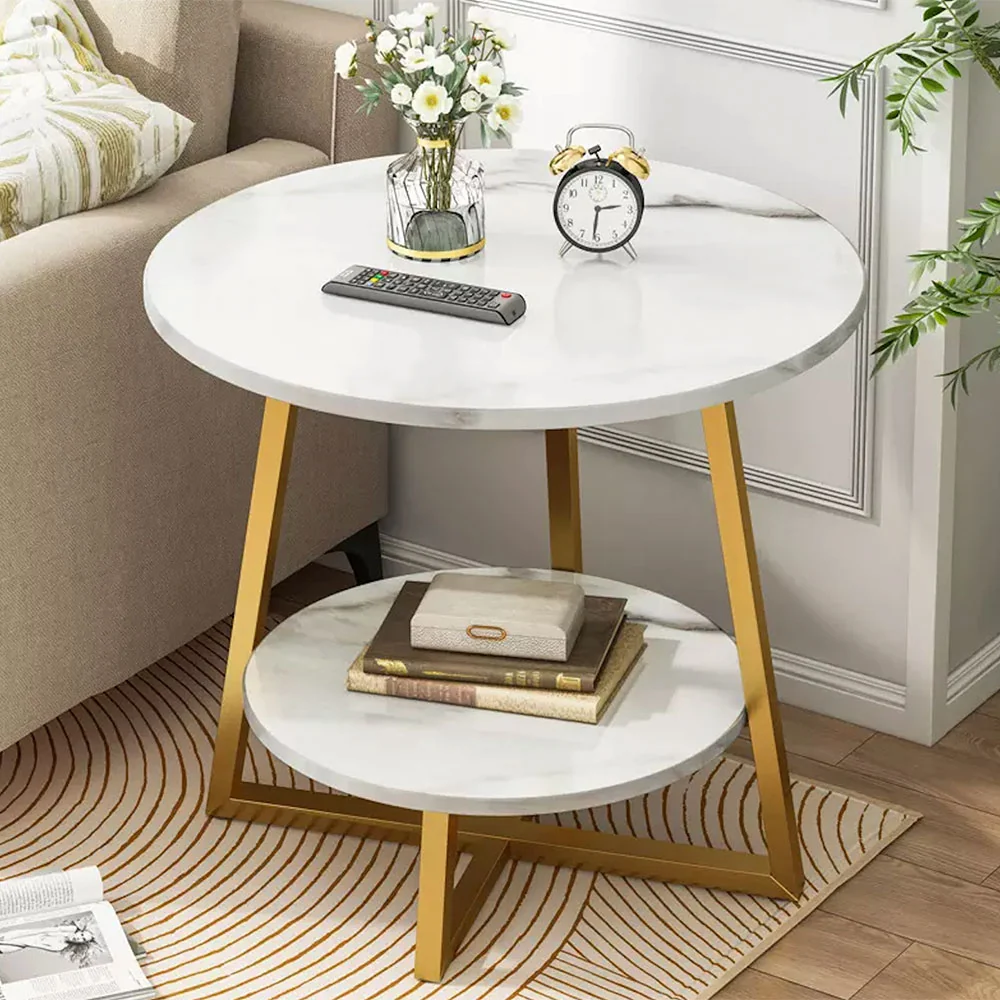 Tekkashop Bàn Bên Sofa Tròn 2 Tầng Mặt Đá Chân Sắt Chéo