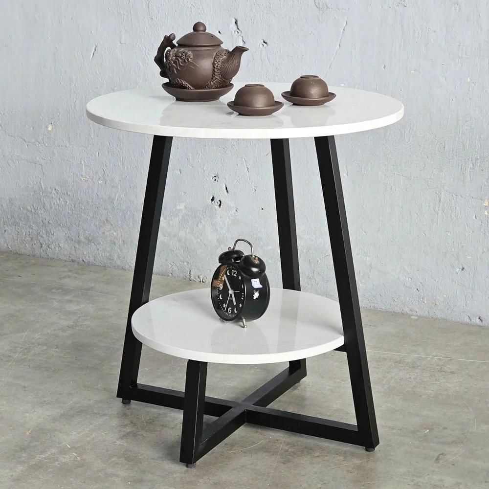 Tekkashop Bàn Bên Sofa Tròn 2 Tầng Mặt Đá Chân Sắt Chéo