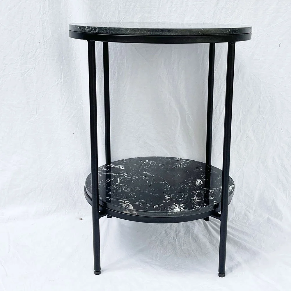 Tekkashop Bàn Bên Sofa Tròn 2 Tầng Tối Giản Mặt Đá Đen Khung Sắt