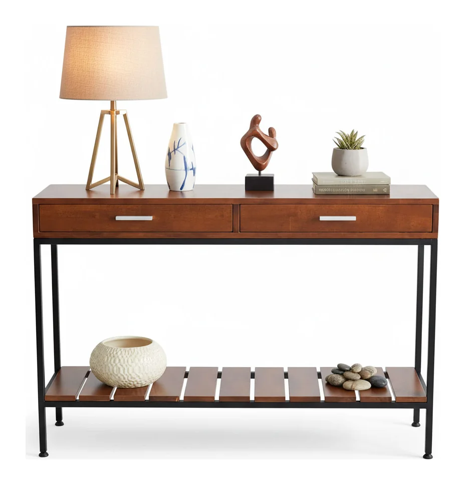 Tekkashop Bàn Console 2 Ngăn Kéo Kệ Nan Dưới Khung Sắt Gỗ Cao Su