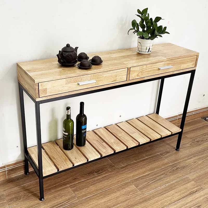 Tekkashop Bàn Console 2 Ngăn Kéo Kệ Nan Dưới Khung Sắt Gỗ Cao Su