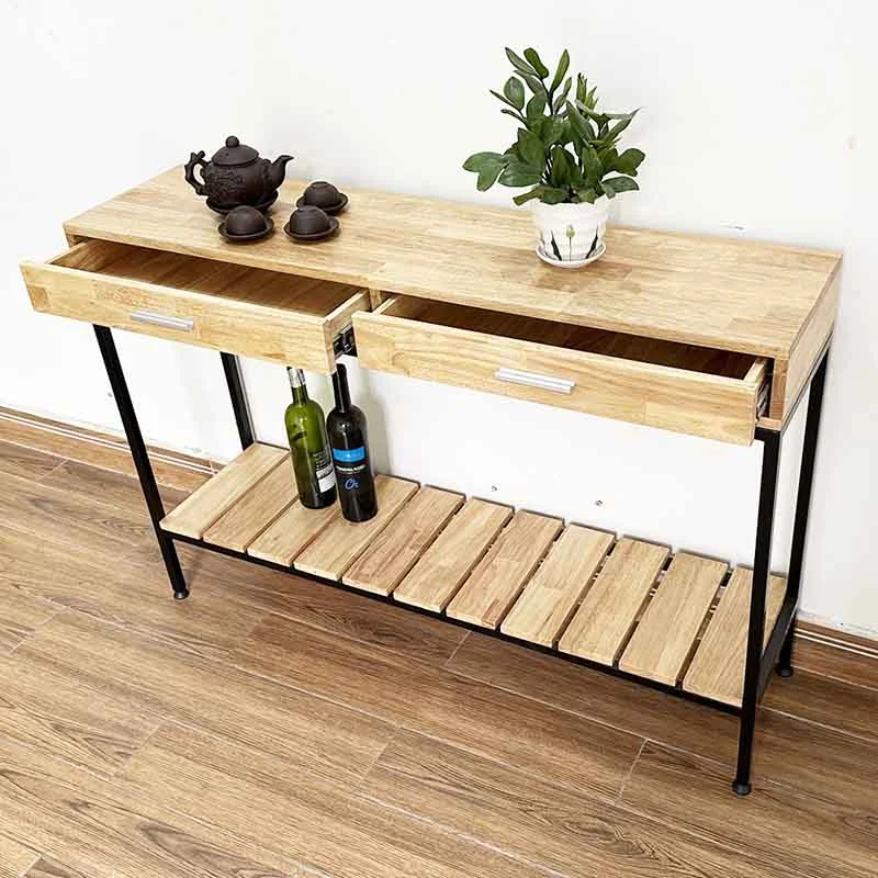 Tekkashop Bàn Console 2 Ngăn Kéo Kệ Nan Dưới Khung Sắt Gỗ Cao Su