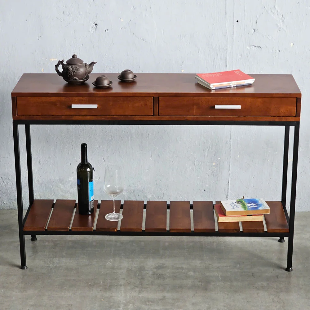 Tekkashop Bàn Console 2 Ngăn Kéo Kệ Nan Dưới Khung Sắt Gỗ Cao Su