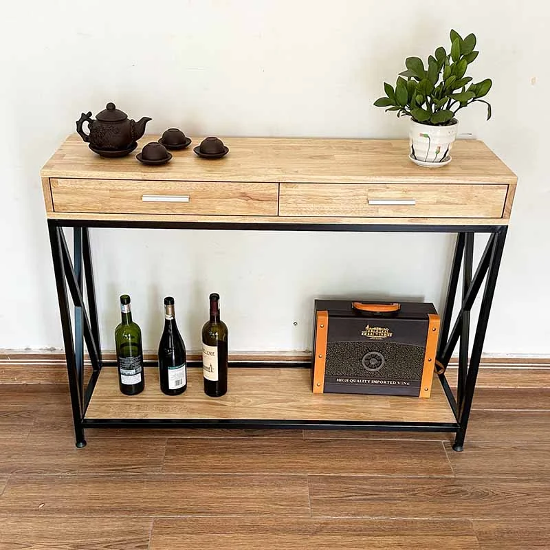 Tekkashop Bàn Console 2 Ngăn Kéo Khung Sắt Chữ X Gỗ Cao Su