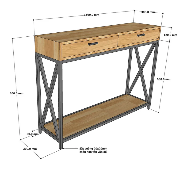 Tekkashop Bàn Console 2 Ngăn Kéo Khung Sắt Chữ X Gỗ Cao Su