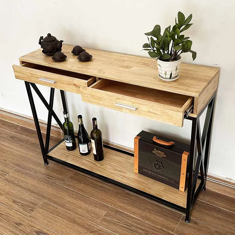 Tekkashop Bàn Console 2 Ngăn Kéo Khung Sắt Chữ X Gỗ Cao Su