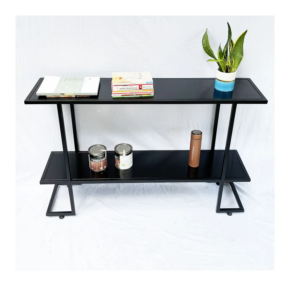 Tekkashop Bàn Console 2 Tầng Chân Chữ Z Mặt Gỗ Đen Khung Sắt Gỗ Cao Su
