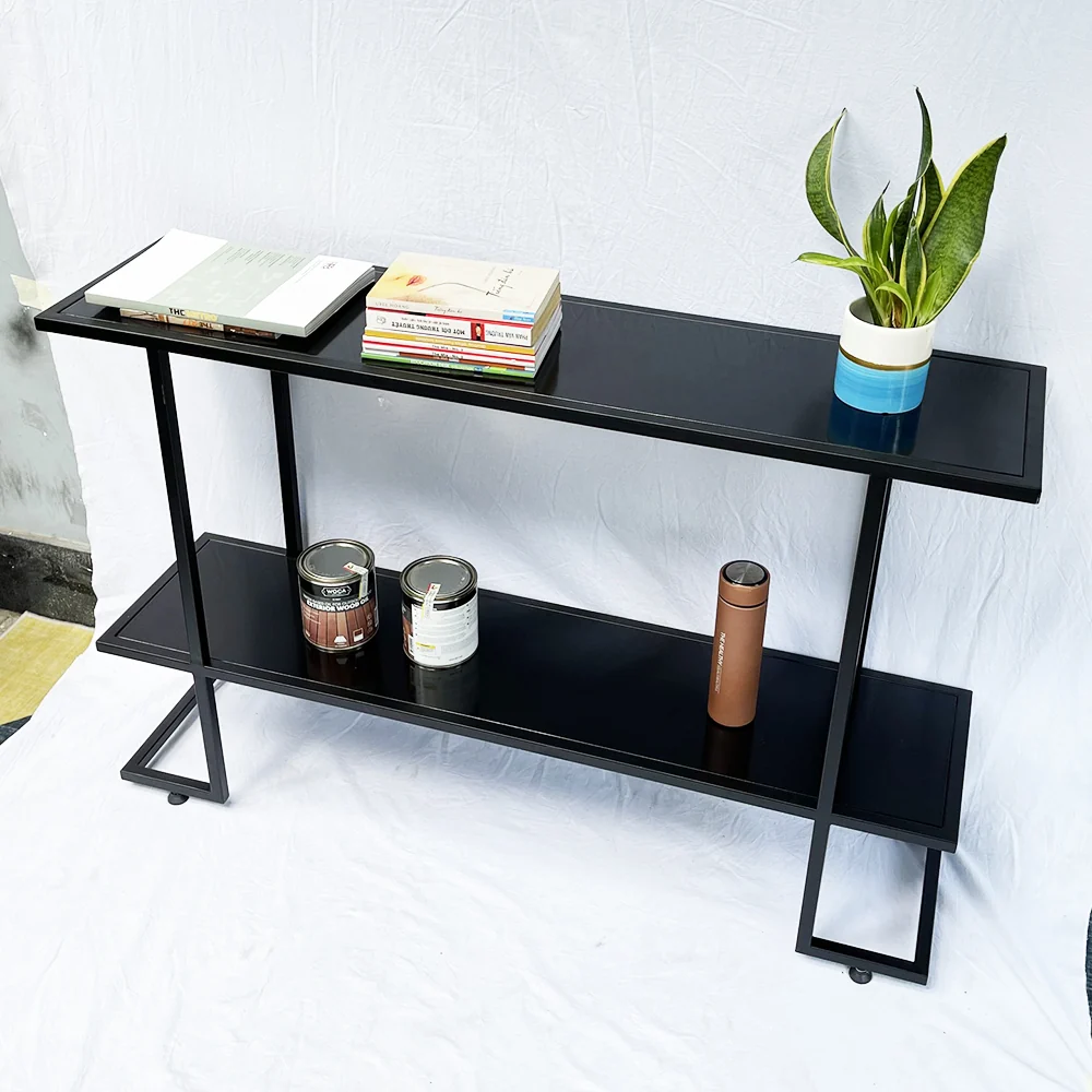 Tekkashop Bàn Console 2 Tầng Chân Chữ Z Mặt Gỗ Đen Khung Sắt Gỗ Cao Su