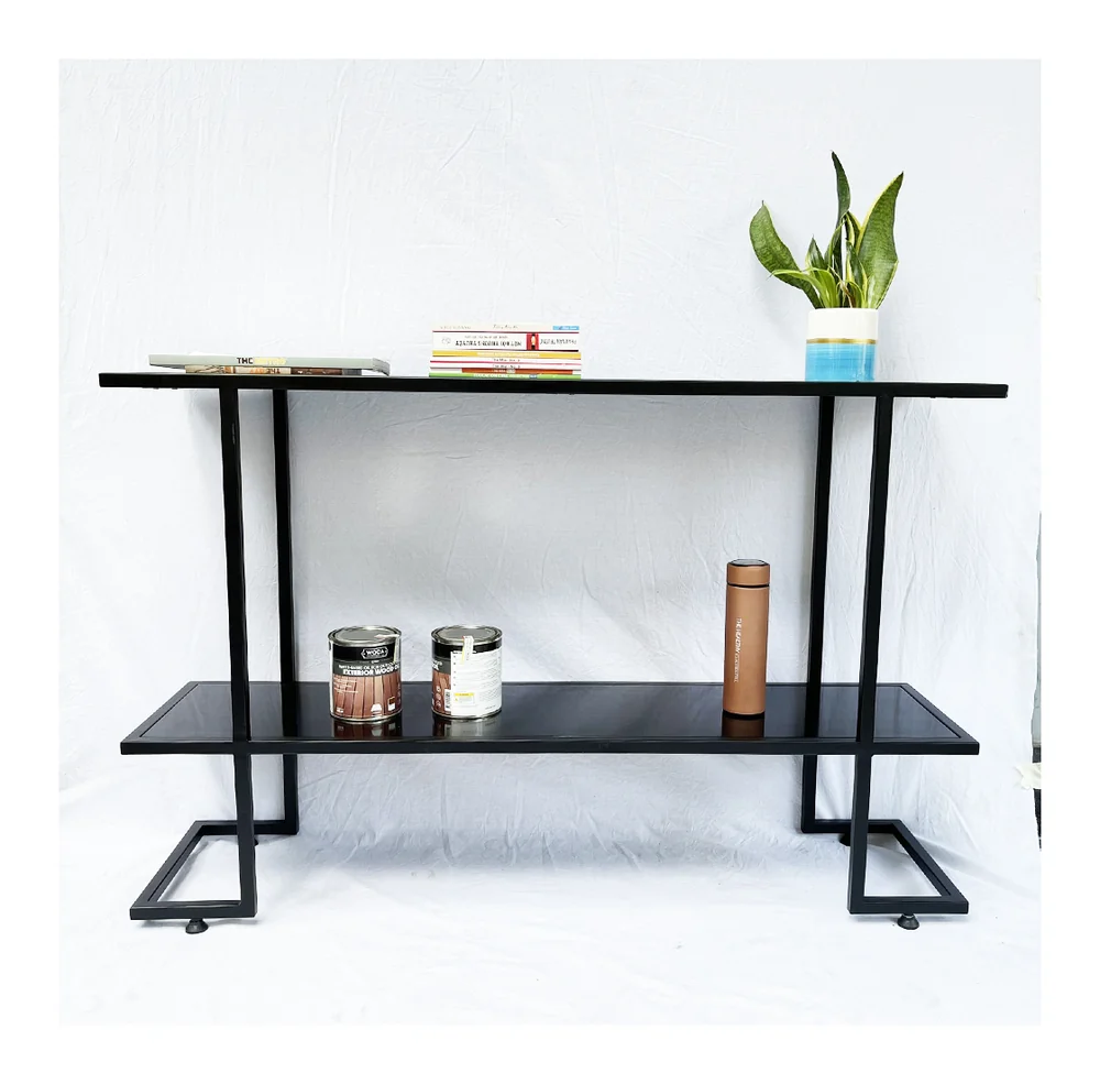 Tekkashop Bàn Console 2 Tầng Chân Chữ Z Mặt Gỗ Đen Khung Sắt Gỗ Cao Su