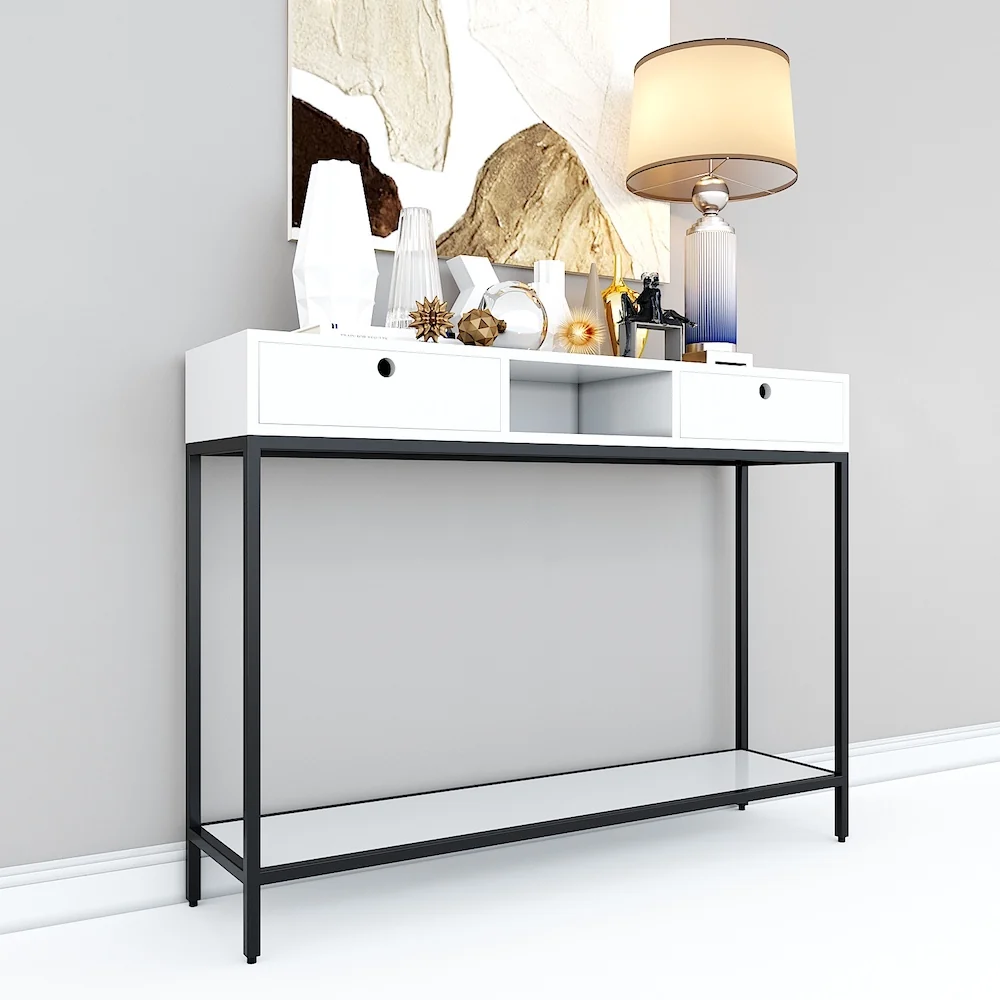 Tekkashop Bàn Console 2 Tầng Có Ngăn Kéo Mặt Gỗ Trắng Khung Sắt Gỗ Cao Su