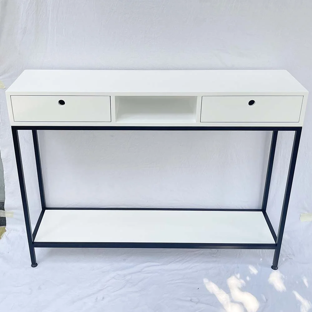 Tekkashop Bàn Console 2 Tầng Có Ngăn Kéo Mặt Gỗ Trắng Khung Sắt Gỗ Cao Su