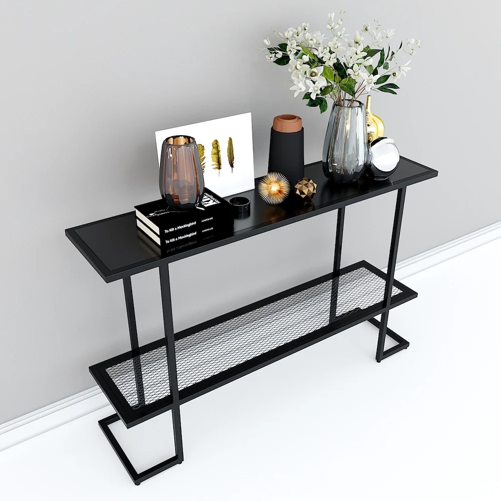 Tekkashop Bàn Console 2 Tầng Đơn Giản Khung Sắt Gỗ Cao Su
