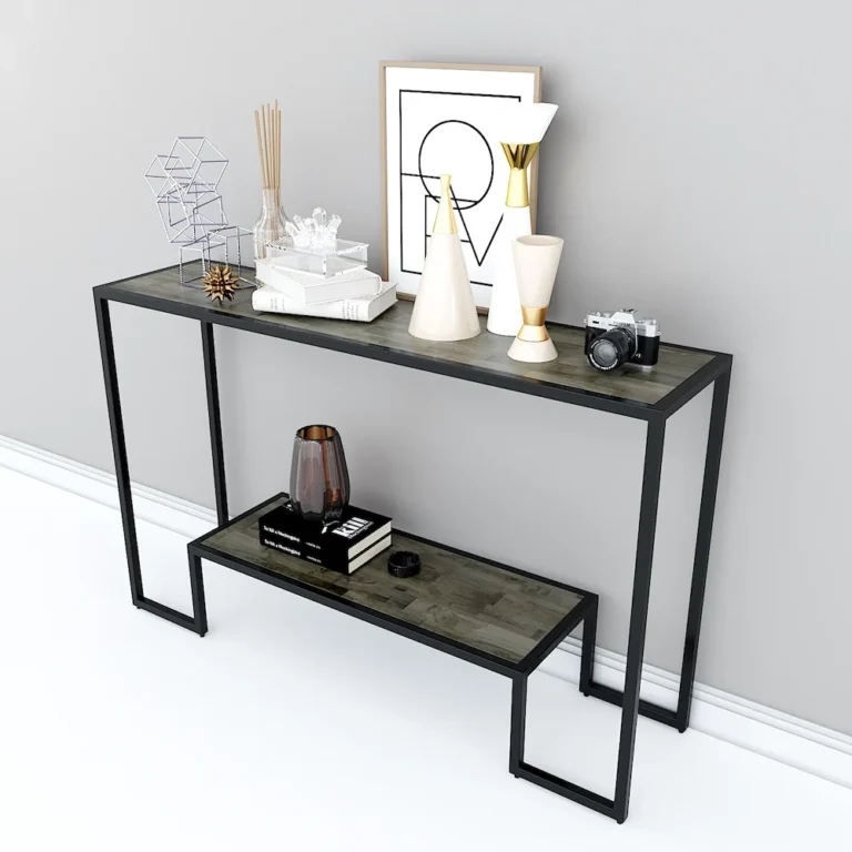 Tekkashop Bàn Console 2 Tầng Lệch Mặt Gỗ Nâu Khung Sắt Gỗ Cao Su