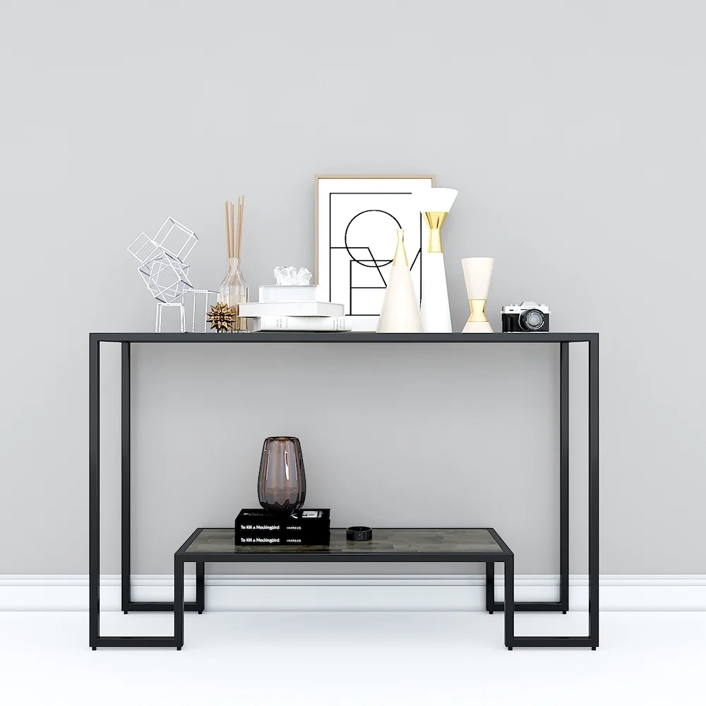 Tekkashop Bàn Console 2 Tầng Lệch Mặt Gỗ Nâu Khung Sắt Gỗ Cao Su