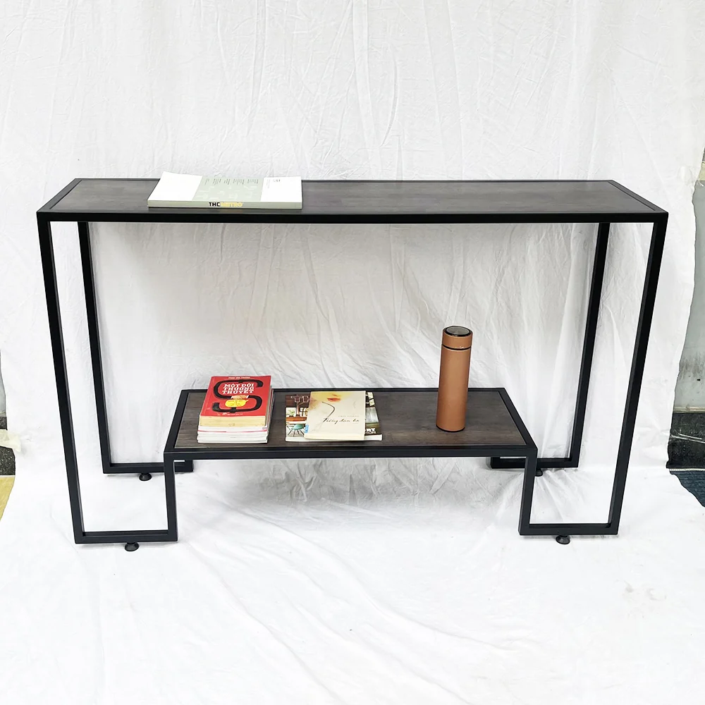 Tekkashop Bàn Console 2 Tầng Lệch Mặt Gỗ Nâu Khung Sắt Gỗ Cao Su