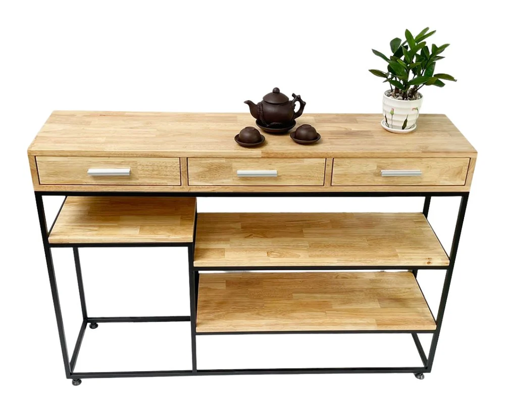Tekkashop Bàn Console 3 Ngăn Kéo Kệ Bậc Khung Sắt Gỗ Cao Su
