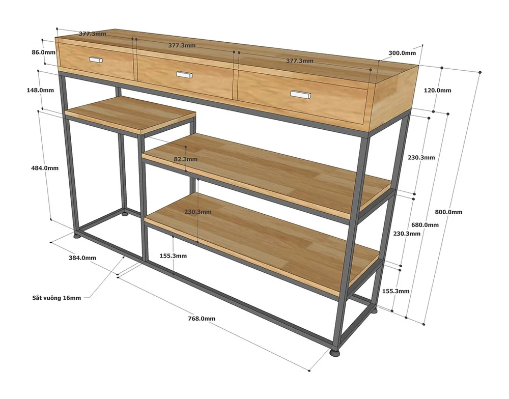 Tekkashop Bàn Console 3 Ngăn Kéo Kệ Bậc Khung Sắt Gỗ Cao Su