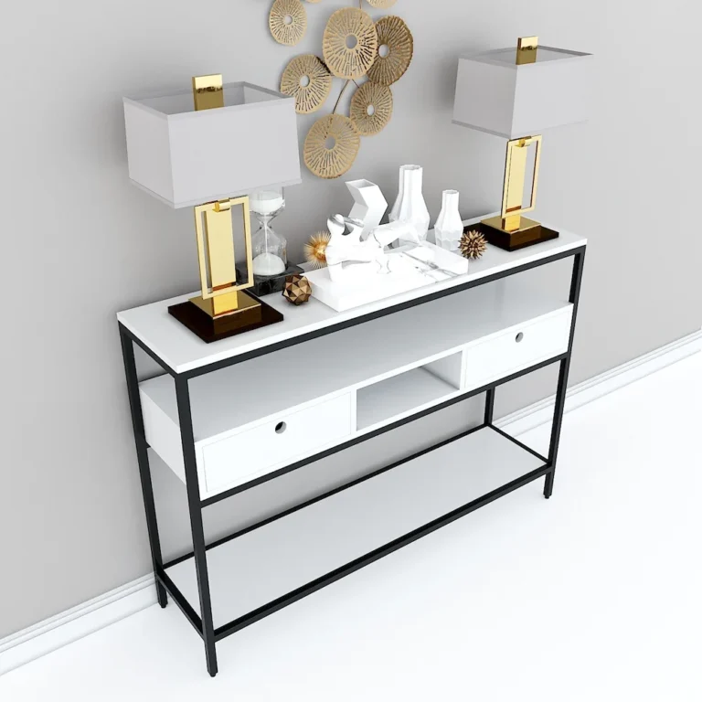 Tekkashop Bàn Console 3 Tầng Có Ngăn Kéo Mặt Gỗ Trắng Khung Sắt Gỗ Cao Su