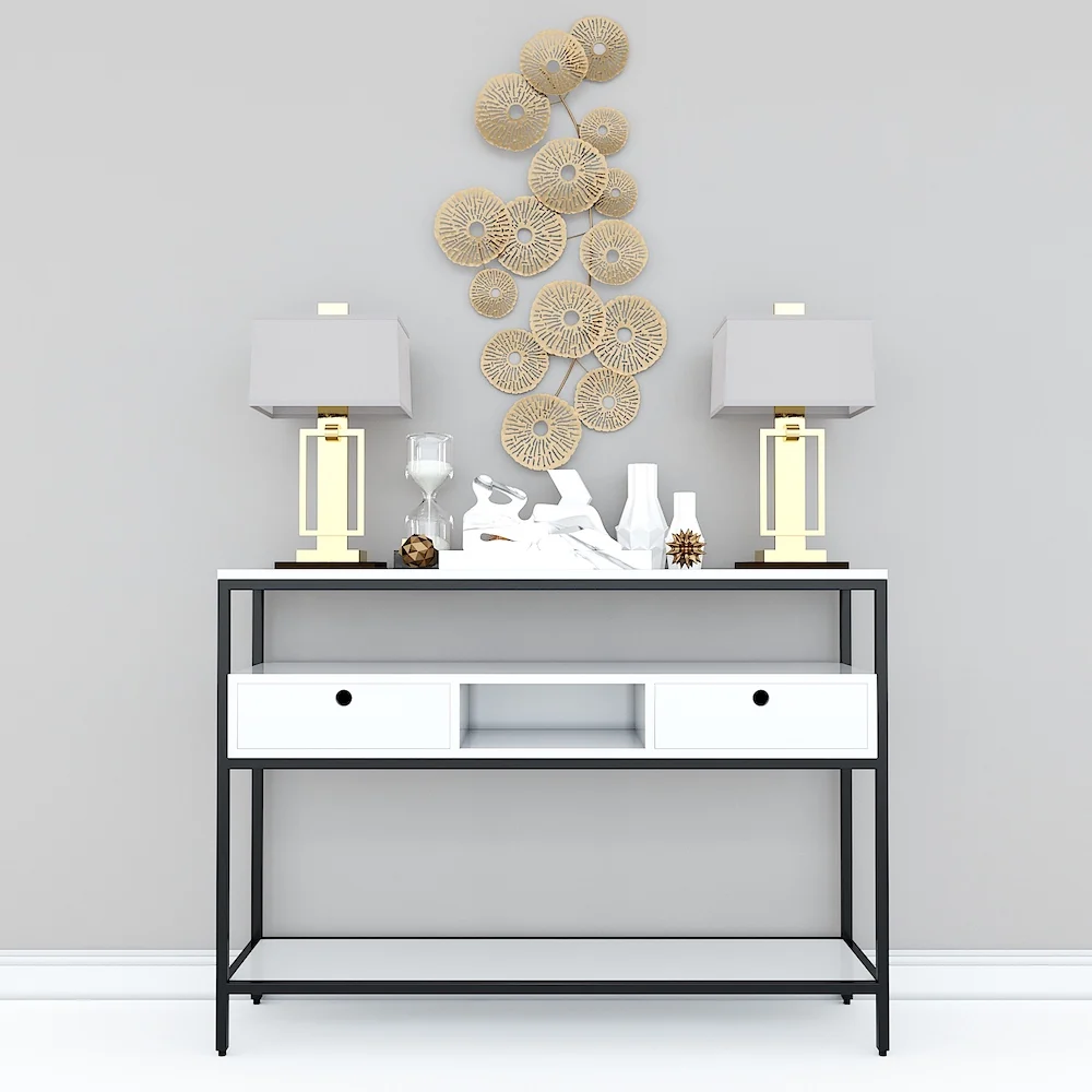 Tekkashop Bàn Console 3 Tầng Có Ngăn Kéo Mặt Gỗ Trắng Khung Sắt Gỗ Cao Su