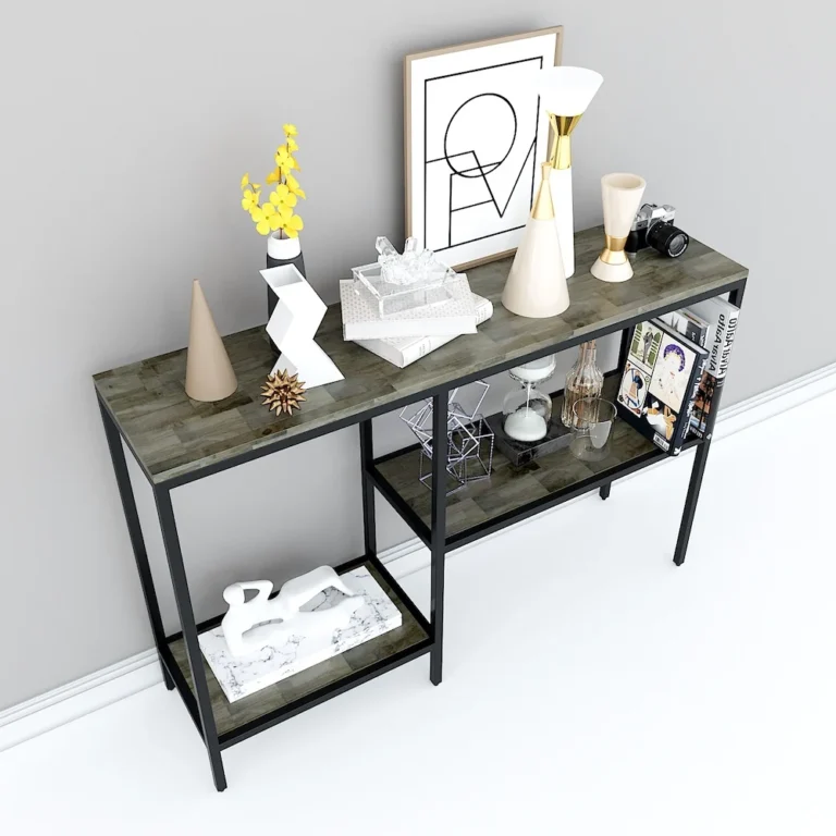 Tekkashop Bàn Console 3 Tầng Lệch Mặt Gỗ Nâu Khung Sắt Gỗ Cao Su