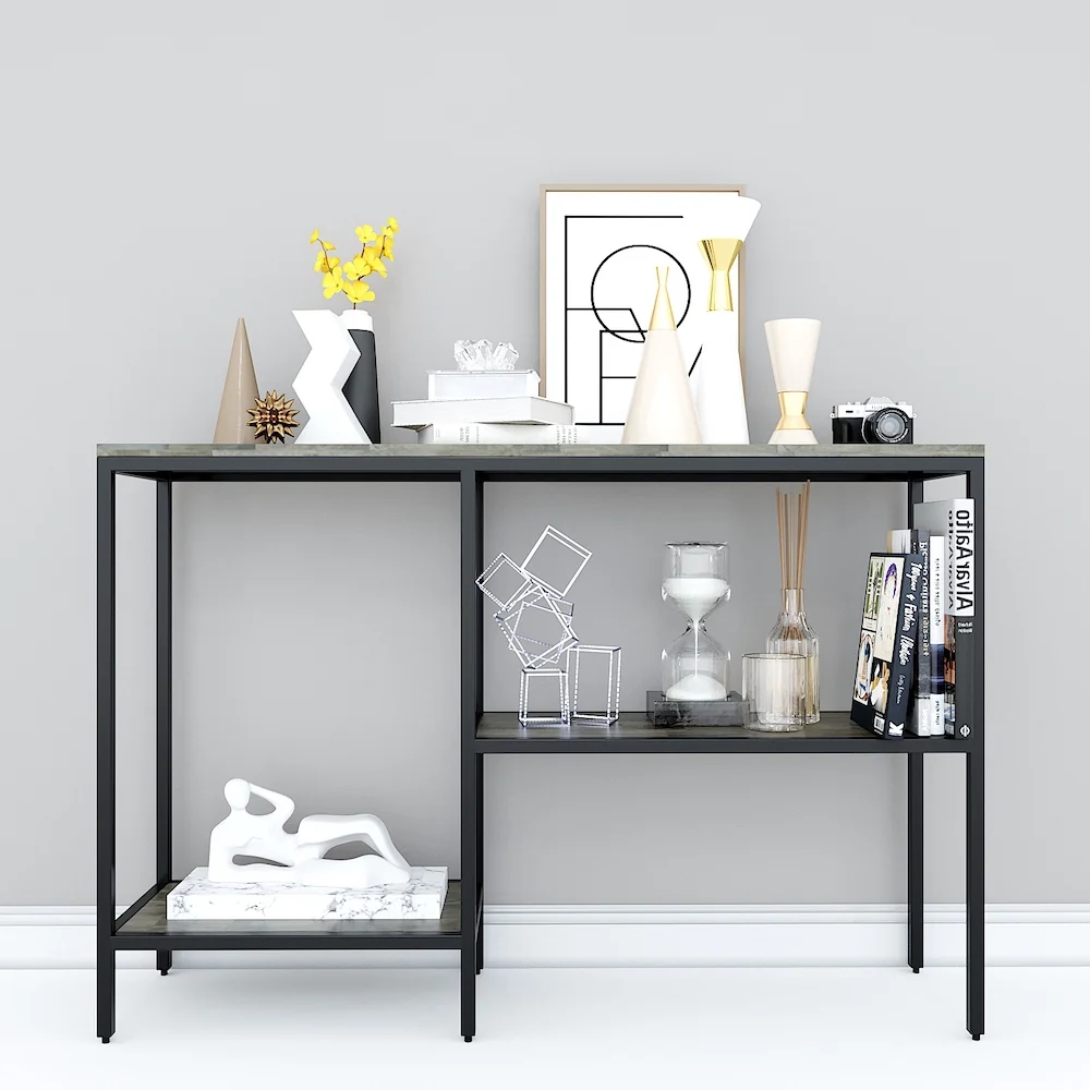 Tekkashop Bàn Console 3 Tầng Lệch Mặt Gỗ Nâu Khung Sắt Gỗ Cao Su