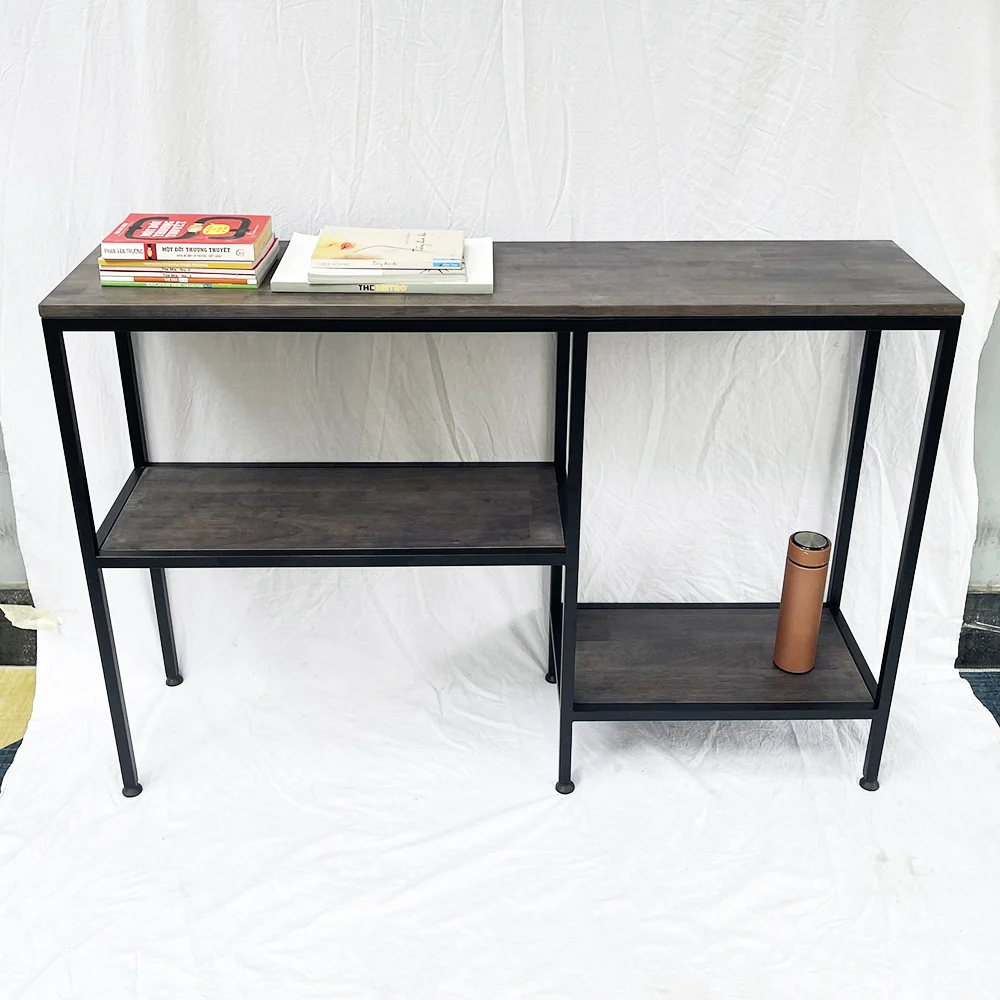 Tekkashop Bàn Console 3 Tầng Lệch Mặt Gỗ Nâu Khung Sắt Gỗ Cao Su