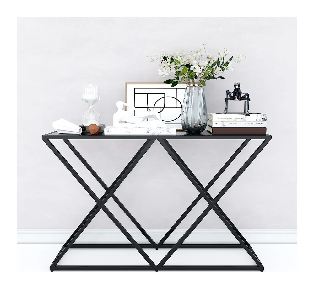 Tekkashop Bàn Console Chân Sắt Chữ X Kép Mặt Gỗ Đen Khung Sắt Gỗ Cao Su