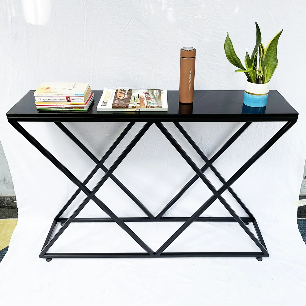 Tekkashop Bàn Console Chân Sắt Chữ X Kép Mặt Gỗ Đen Khung Sắt Gỗ Cao Su