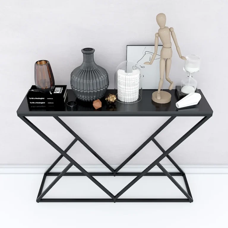 Tekkashop Bàn Console Chân Sắt Đan Chéo Mặt Gỗ Đen Khung Sắt Gỗ Cao Su