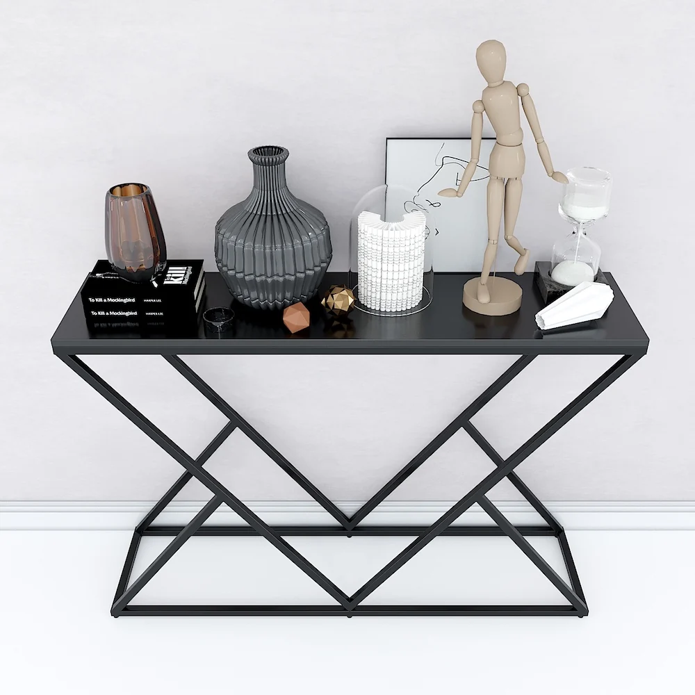 Tekkashop Bàn Console Chân Sắt Đan Chéo Mặt Gỗ Đen Khung Sắt Gỗ Cao Su
