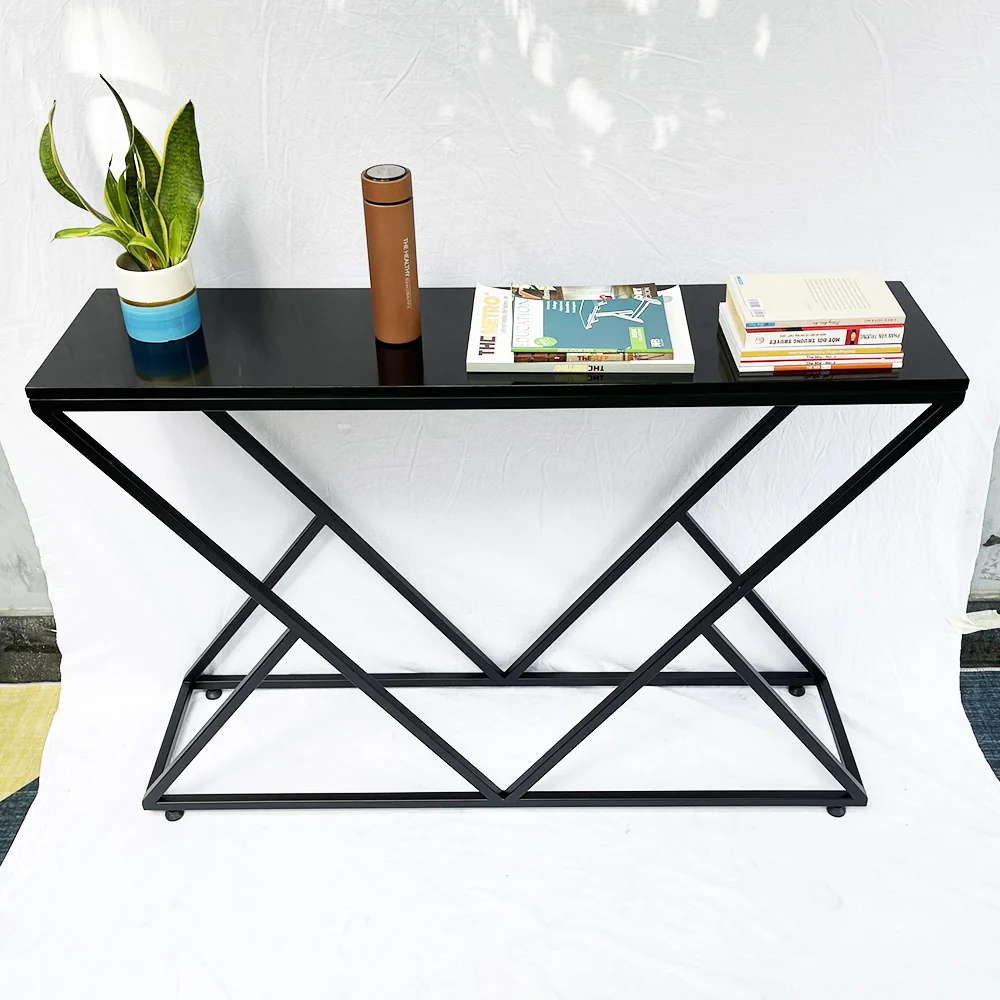 Tekkashop Bàn Console Chân Sắt Đan Chéo Mặt Gỗ Đen Khung Sắt Gỗ Cao Su