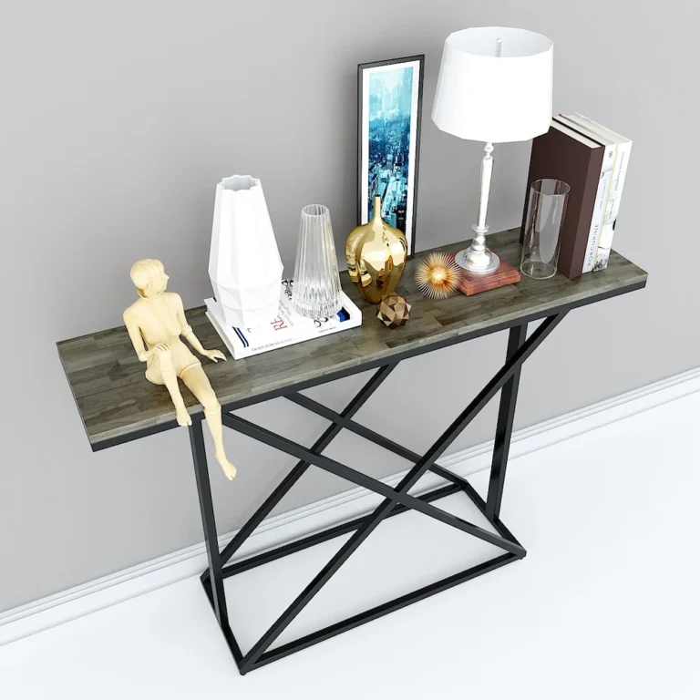 Tekkashop Bàn Console Chân Sắt Đan Chéo Mặt Gỗ Nâu Khung Sắt Gỗ Cao Su