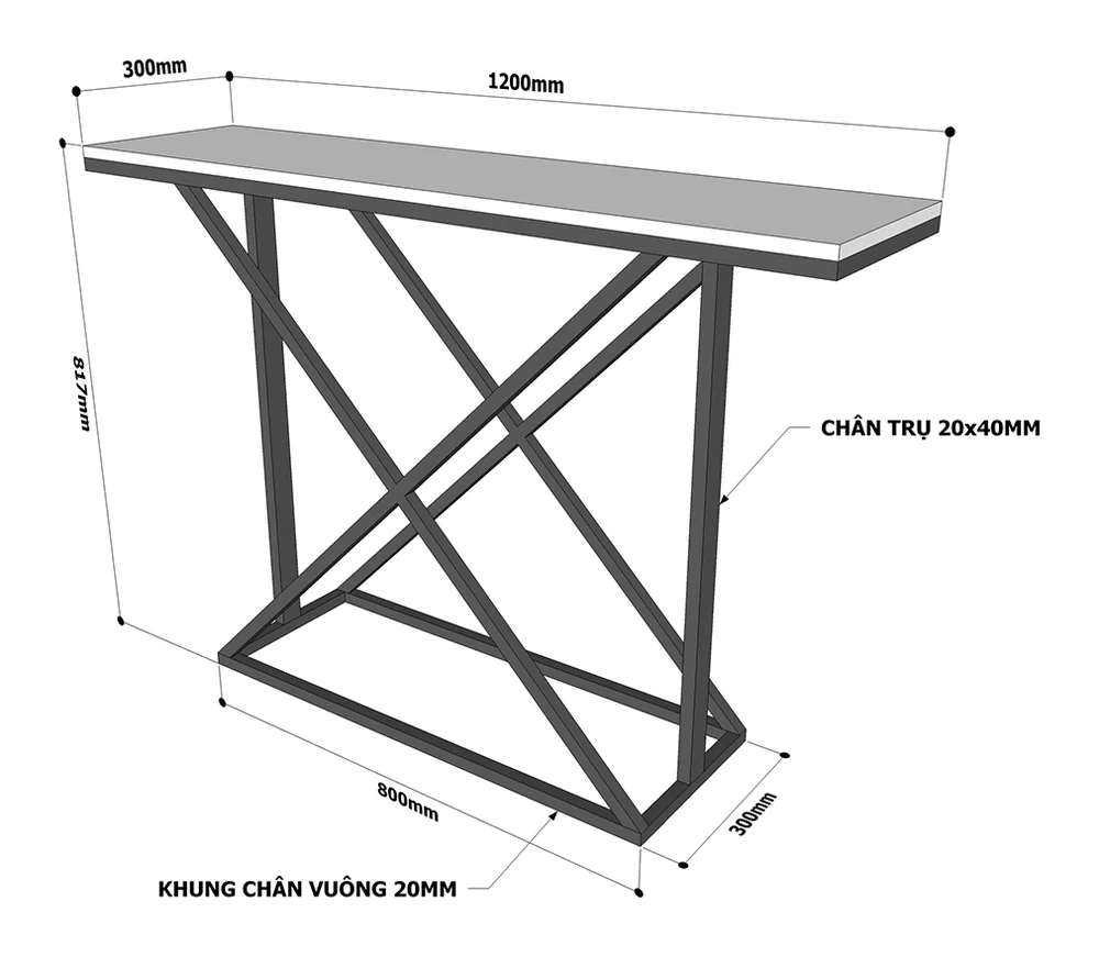 Tekkashop Bàn Console Chân Sắt Đan Chéo Mặt Gỗ Nâu Khung Sắt Gỗ Cao Su