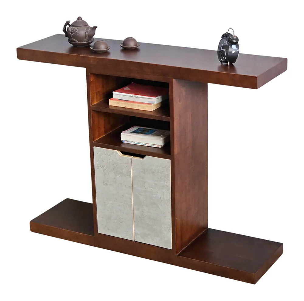 Tekkashop Bàn Console Chữ T Có Kệ Và Tủ 2 Cửa Gỗ Cao Su