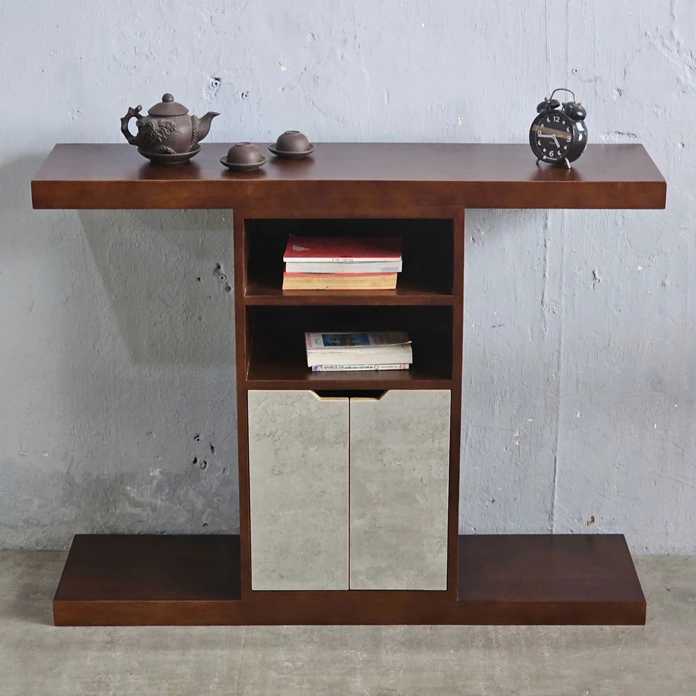 Tekkashop Bàn Console Chữ T Có Kệ Và Tủ 2 Cửa Gỗ Cao Su