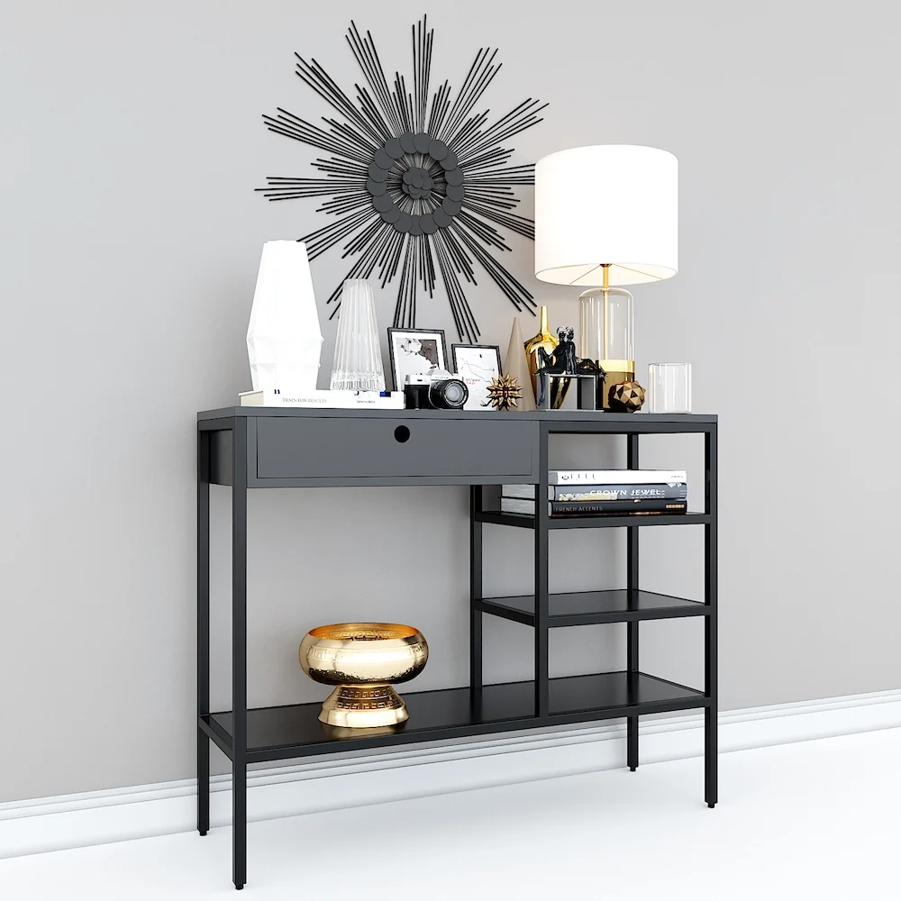 Tekkashop Bàn Console Có Ngăn Kéo Và Kệ Nhiều Tầng Khung Sắt Gỗ Cao Su