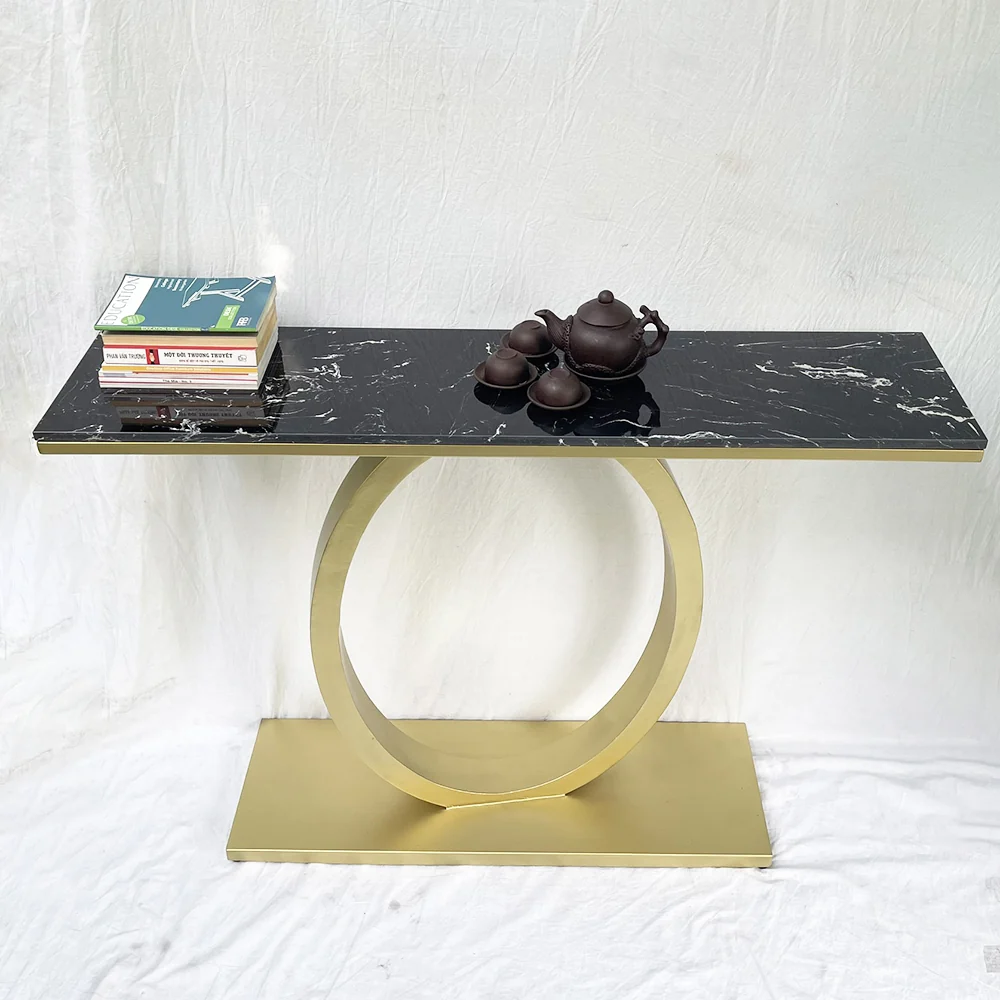 Tekkashop Bàn Console Mặt Đá Chân Sắt Vòng Oval Đế Bản