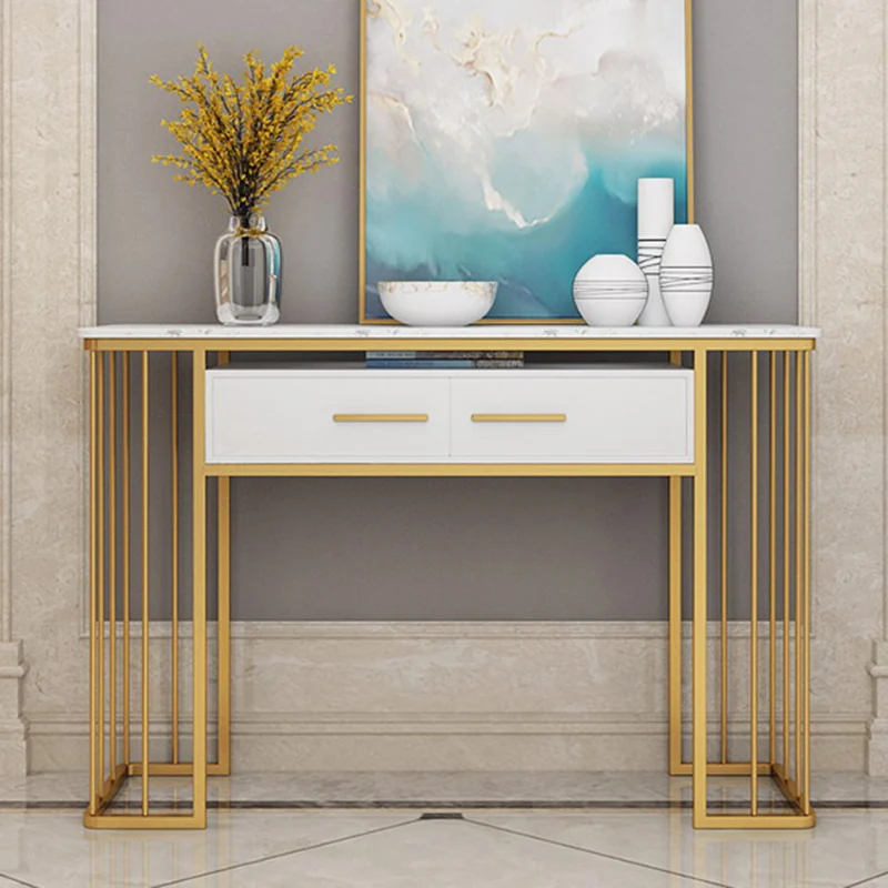 Tekkashop Bàn Console Mặt Đá Khung Sắt Nan Đứng Có Ngăn Kéo