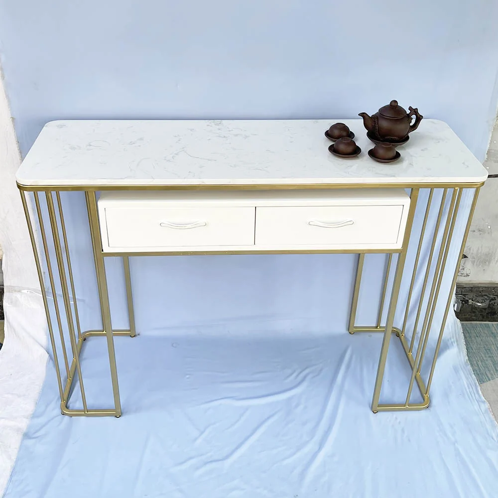 Tekkashop Bàn Console Mặt Đá Khung Sắt Nan Đứng Có Ngăn Kéo