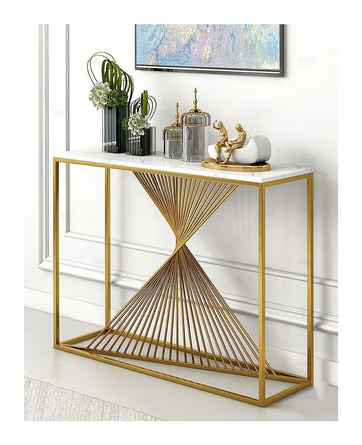Tekkashop Bàn Console Mặt Đá Khung Sắt Tia Xoắn Đồng Hồ Cát