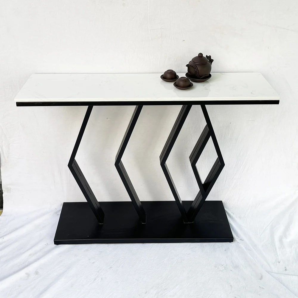 Tekkashop Bàn Console Mặt Đá Trắng Chân Sắt Hình Thoi Đế Bản