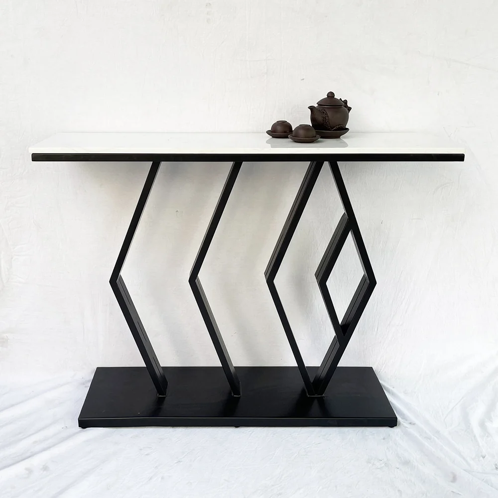Tekkashop Bàn Console Mặt Đá Trắng Chân Sắt Hình Thoi Đế Bản