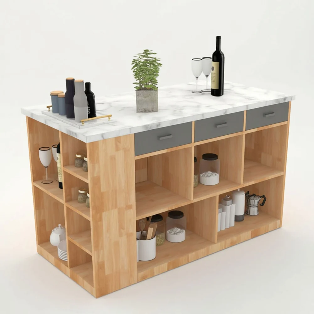 Tekkashop Bàn Đảo Bếp Chữ Nhật Nhiều Ngăn Mặt Đá Thân Gỗ Cao Su