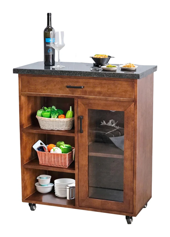 Tekkashop Bàn Đảo Bếp Di Động Mặt Đá Có Cửa Kính Gỗ Cao Su