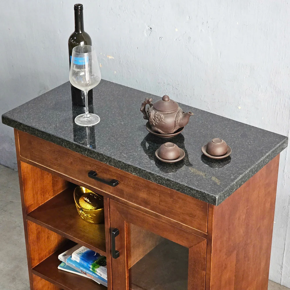 Tekkashop Bàn Đảo Bếp Di Động Mặt Đá Có Cửa Kính Gỗ Cao Su