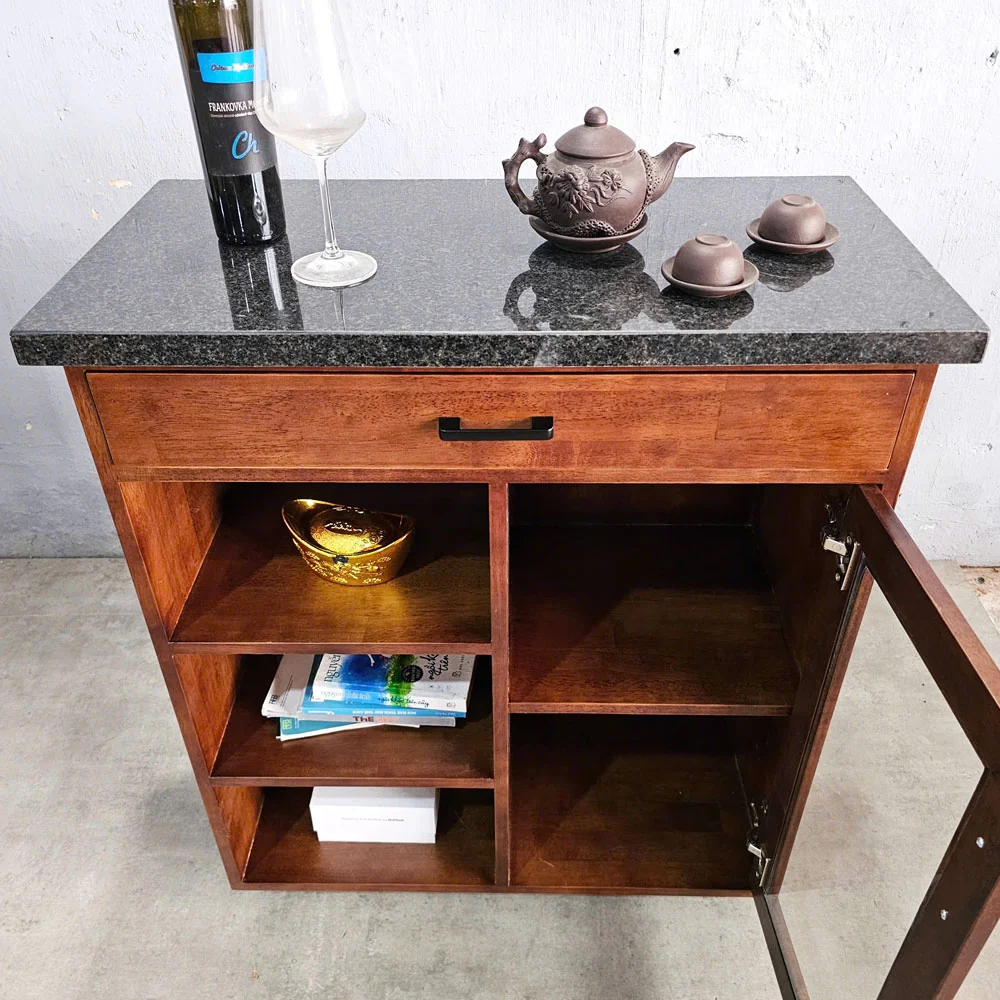 Tekkashop Bàn Đảo Bếp Di Động Mặt Đá Có Cửa Kính Gỗ Cao Su