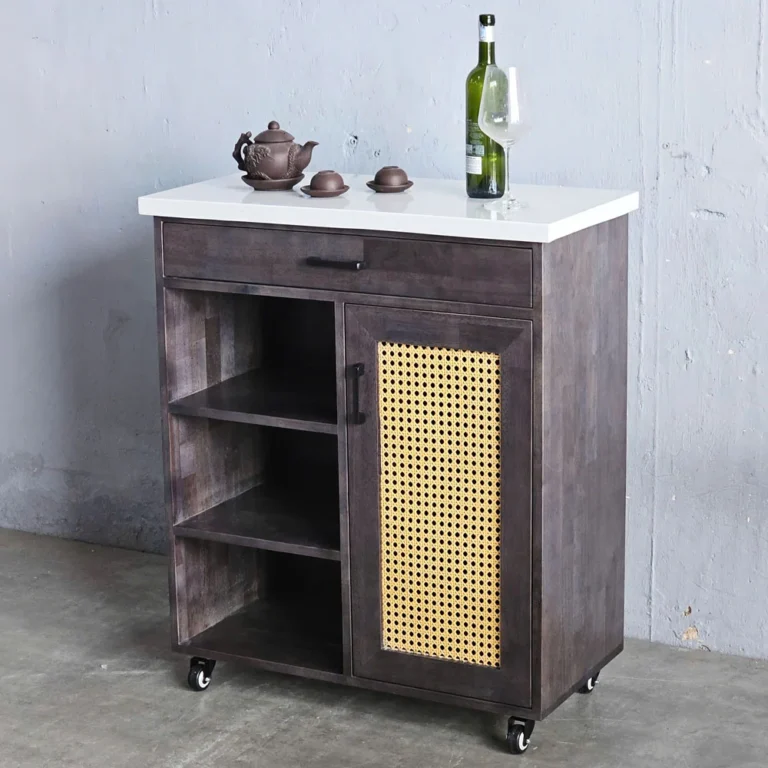 Tekkashop Bàn Đảo Bếp Di Động Mặt Đá Cửa Lưới Mây Gỗ Cao Su