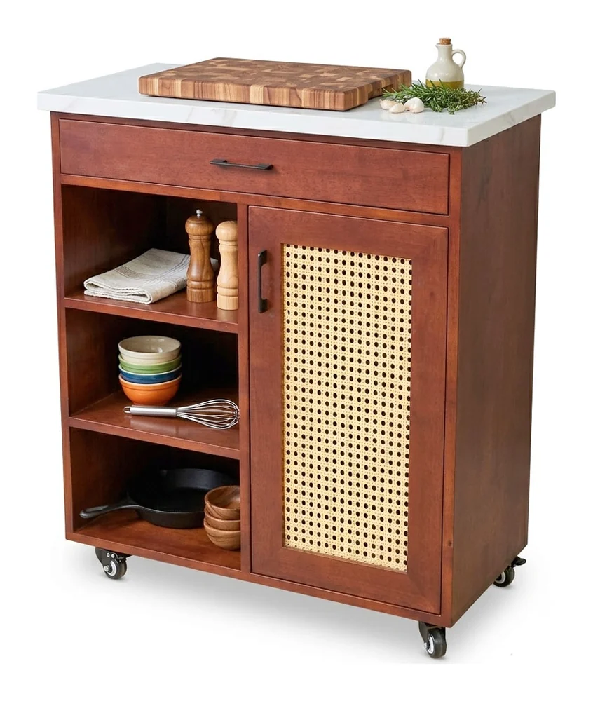 Tekkashop Bàn Đảo Bếp Di Động Mặt Đá Cửa Lưới Mây Gỗ Cao Su